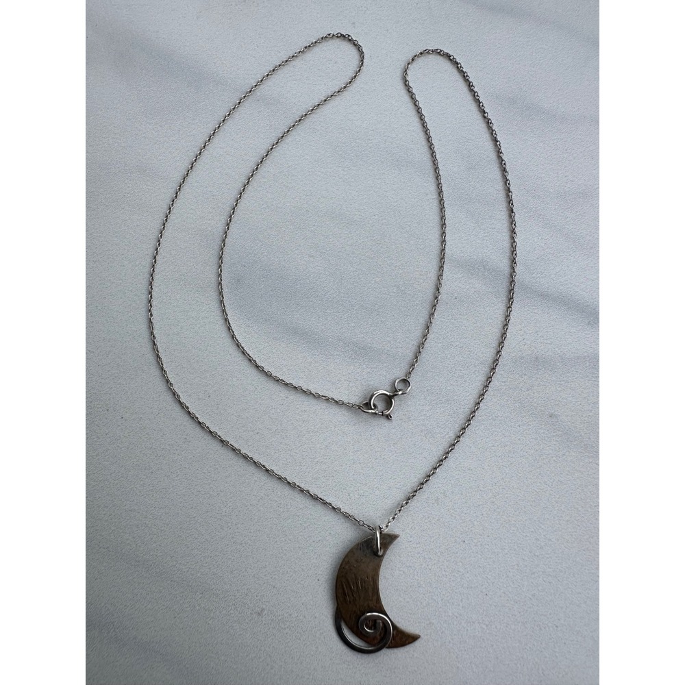 Sterling Silver 925 Mixed Metal Crescent Moon Spiral Pendant Necklace Celestial